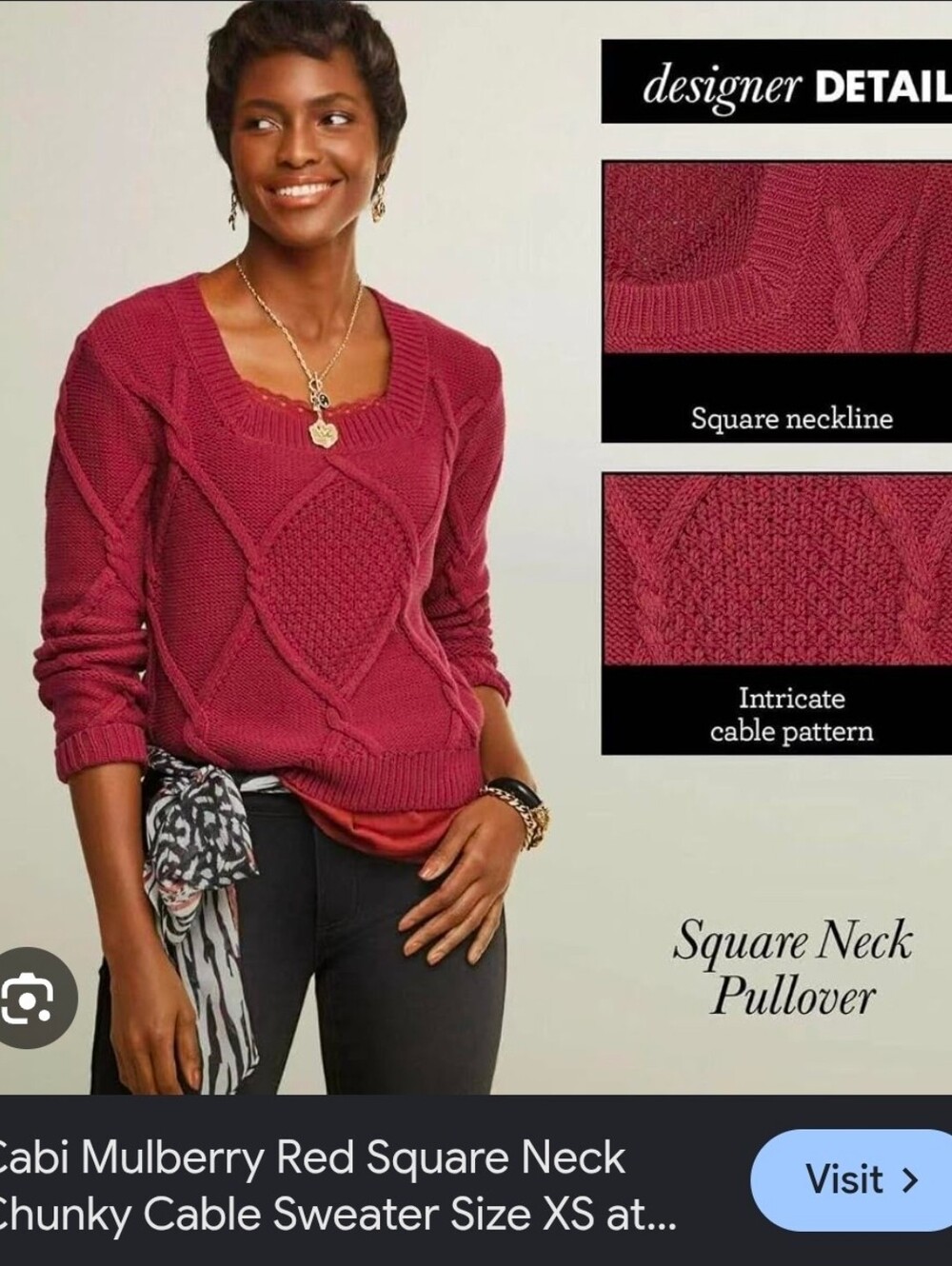 Cabi Mulberry Red Square Neck Chunky Cable Sweater Size XS p2p19 L20